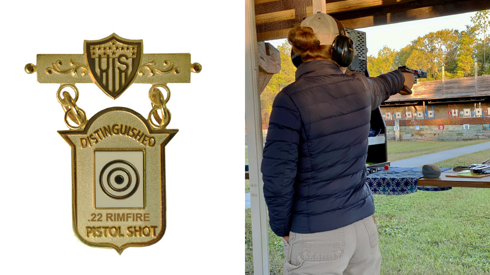 Abbie Leverett and Distinguished Pistol badge